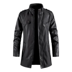 New Winter Long PU Leather Jackets Men Stand Collar Windbreaker Faux Outerwear Motorcycle Casual Warm Leather Coats Man Clothing