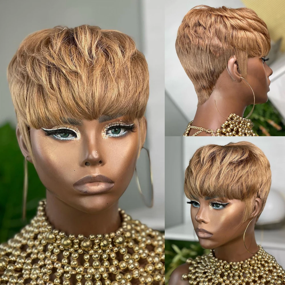 Highlight Platinum Blonde Pixie Cut Curly Human Hair Short Bob Wigs With Bangs Ash Blonde Colored Full Machine Made Wig