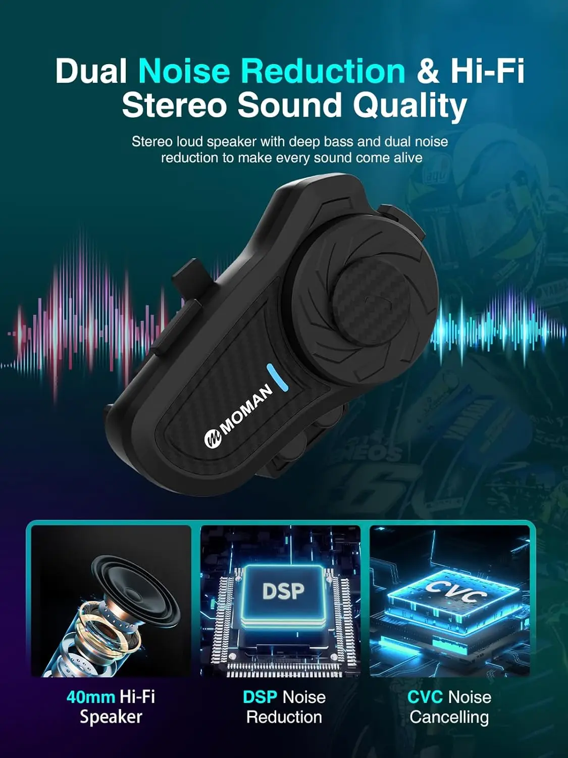 ชุดหูฟังสำหรับหมวกกันน็อคมอเตอร์ไซค์ Moman H2PRO กันน้ำ พร้อมวิทยุ FM ฟังเพลงได้  หน้าจอ LED สำหรับผู้ขับขี่