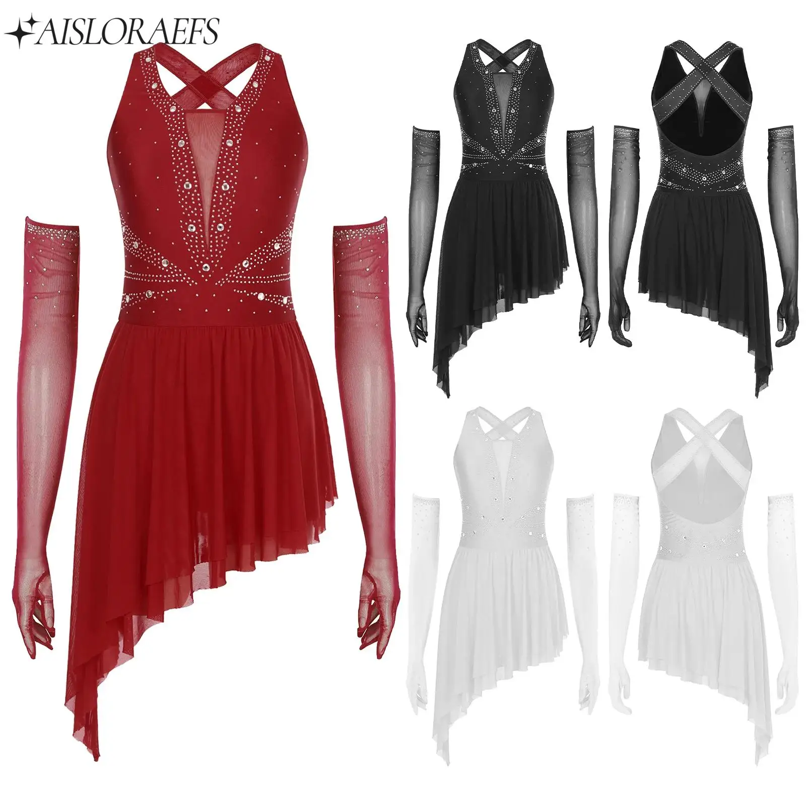 

Women Glittery Ballet Figure Skating Dance Dress Sleeveless Rhinestone Dress with Long Gloves Contemporary Lyrical Dance Costume