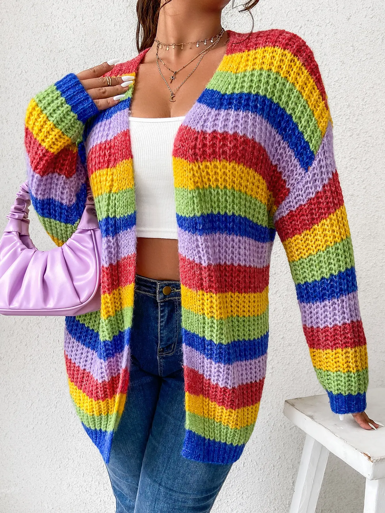 Plus size Women\'s Plus Rainbow Striped Pattern Drop Shoulder Duster Cardigan