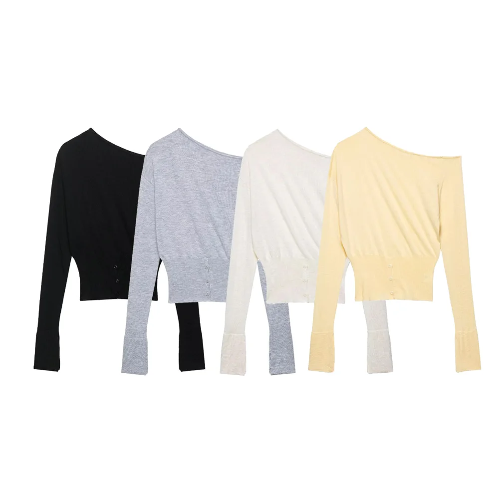 

Новое осеннее поступление, женский модный простой универсальный свитер с v-образным вырезом и разрезом на плечах в европейском и американском стиле