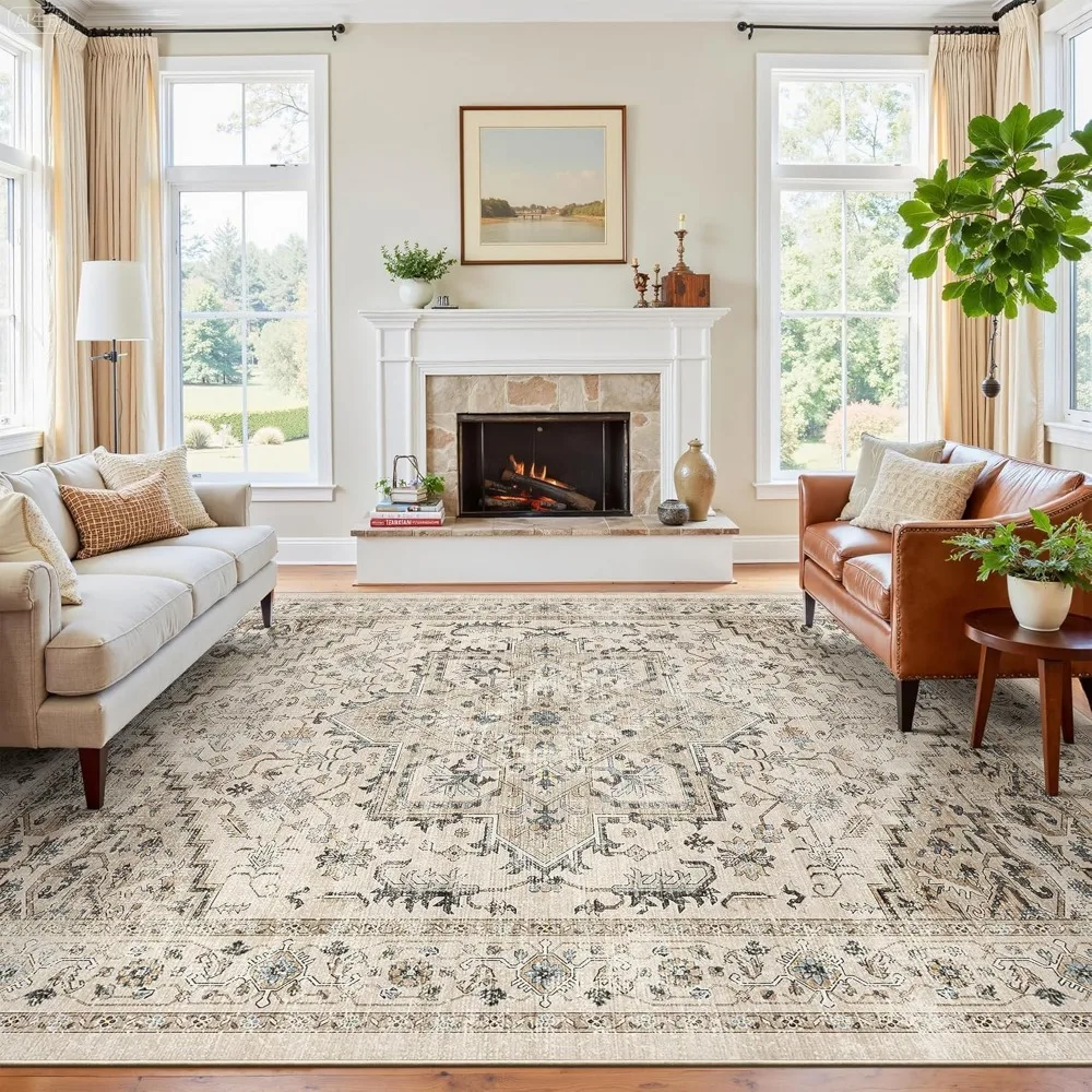 

Моющиеся коврики для гостиной 8x10 с нескользящей подложкой, винтажный цветочный дизайн, ультратонкие для домашнего декора