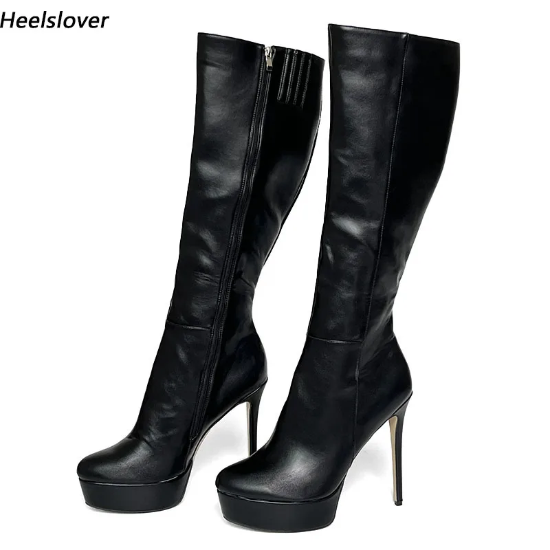 

Ahhlsion Handmade Women Winter Knee Boots Faux Leather Stiletto Heels Round Toe Elegant Black Club Shoes Ladies US Size 5-20
