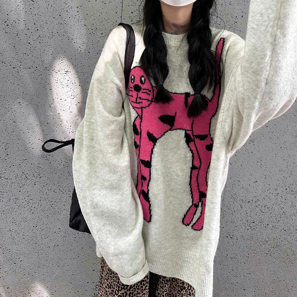 Original Fashion Brand Pink Cat Sweater Women Funny Streetwear Gray Oversized Hiphop Jumper O-Neck Knitted Pullover Korean Style