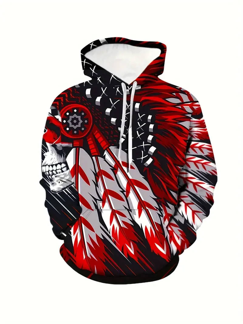 

Novelty Indian Tribal Feather 3D Print Men's Long Sleeve Hooded Sweatshirt With Drawstring And Kangaroo Pocket Fall Winter Tops