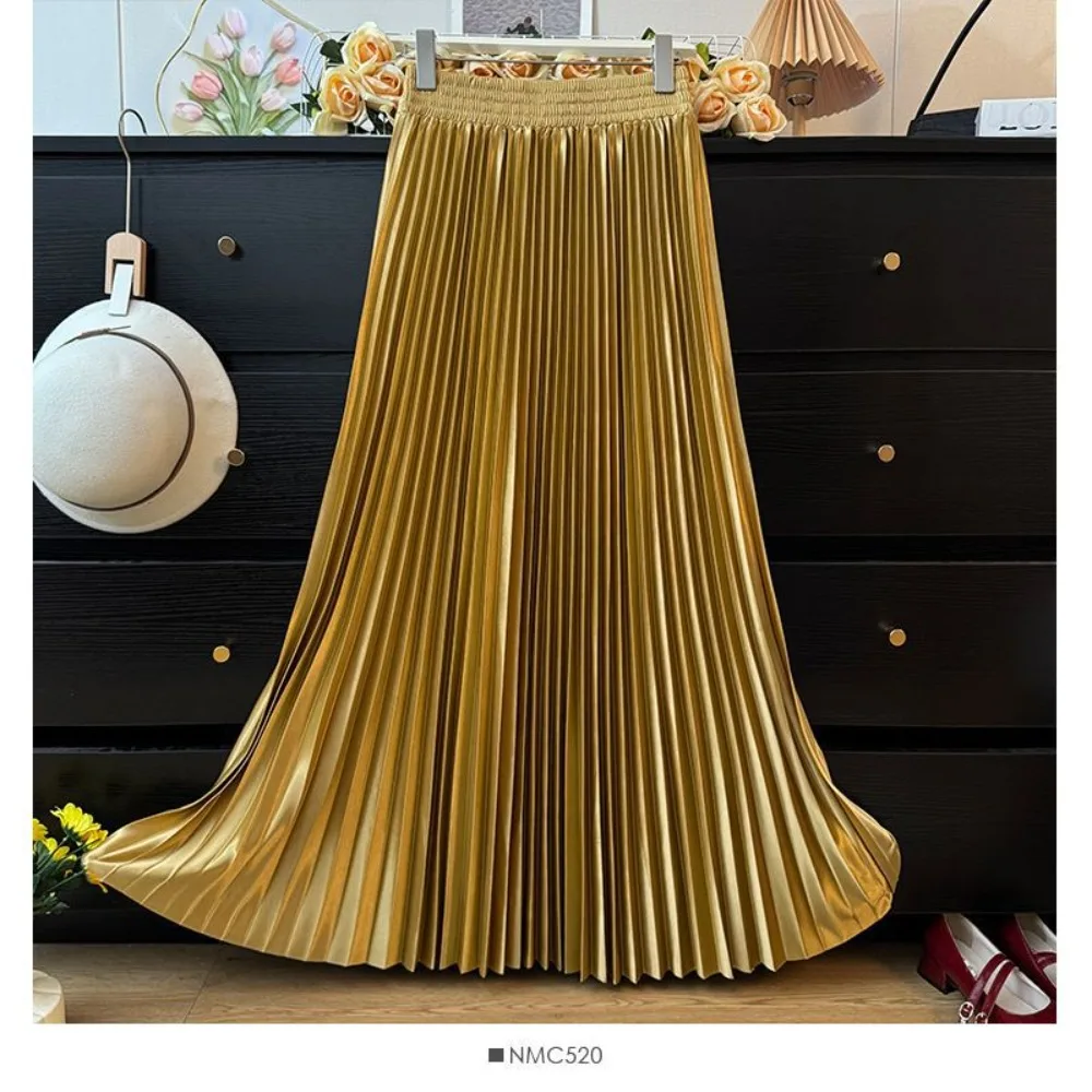 

Shiny Gradient Elasitc High Waist Pleated Women Midi Skirt 2025 Summer Office Lady HIgh Street Skirt Women Clothes Loja
