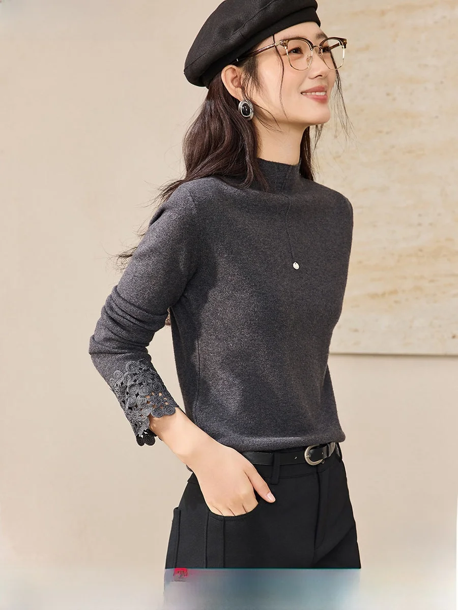 

Soft Long Sve Lace Knitted Sweater with Metal Decoration f High Collar Women's Faion Commute Sle Slim Fit Winter Top