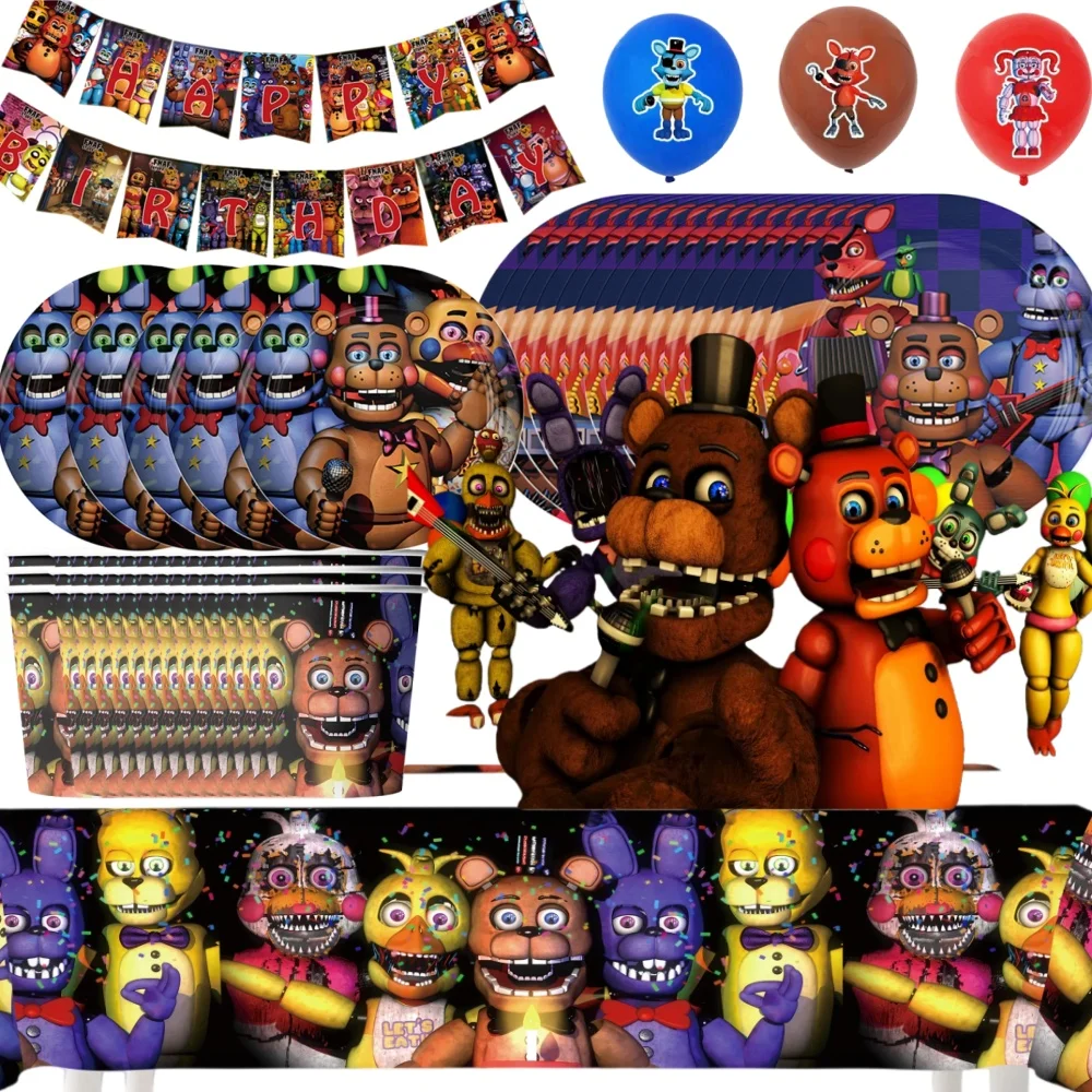 Five Nights Freddyed Geburtstagsgeschirr, Einwegteller, Becher, Hängeflagge, Hintergrund für Kinder, Babyparty, Partyzubehör, Kindergeschenk