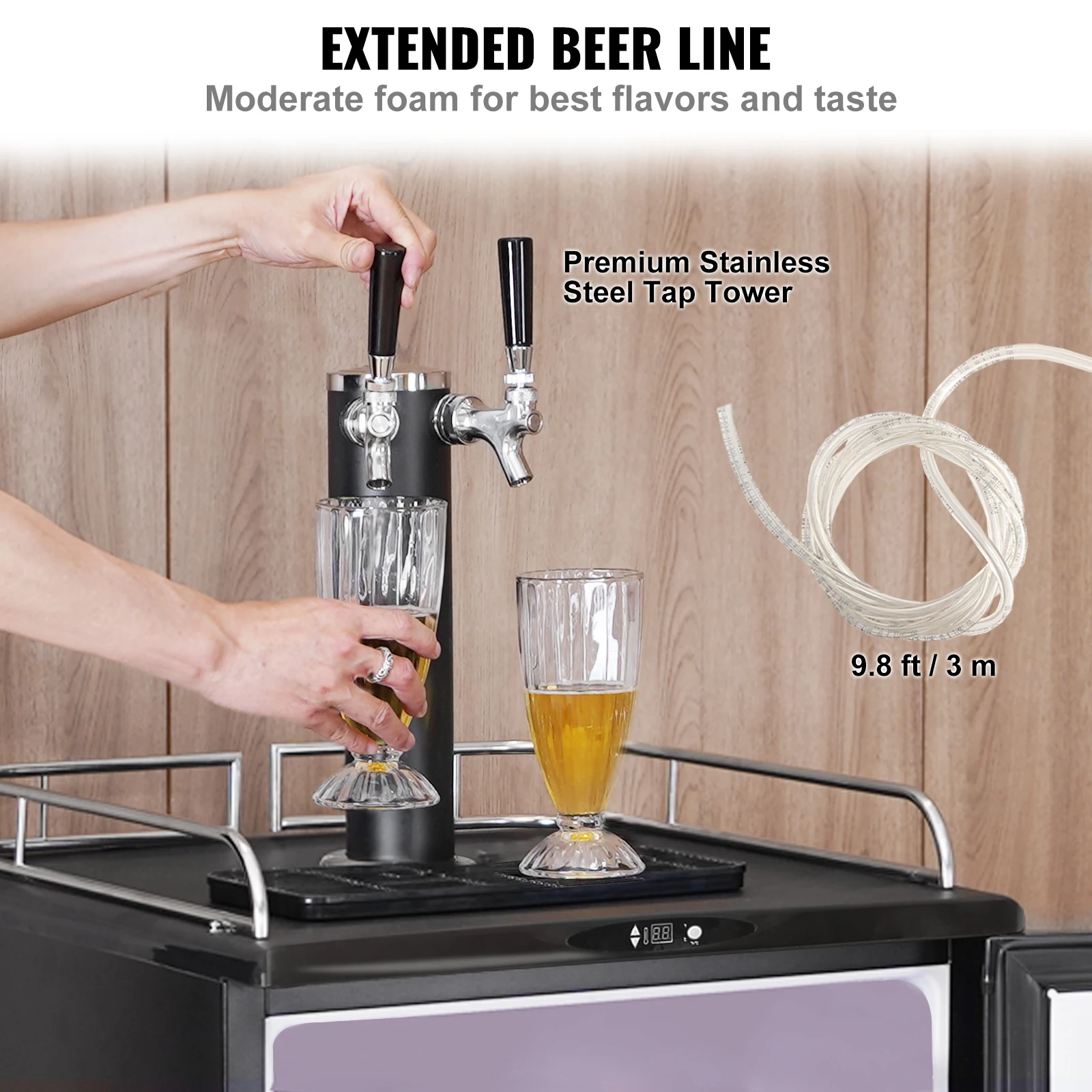 Vevor kegerator เครื่องจ่ายเบียร์สดแบบก๊อกคู่ตู้เย็นถังขนาดเต็มพร้อมชั้นวางกระบอก CO2ถาดรองน้ำหยดและราง