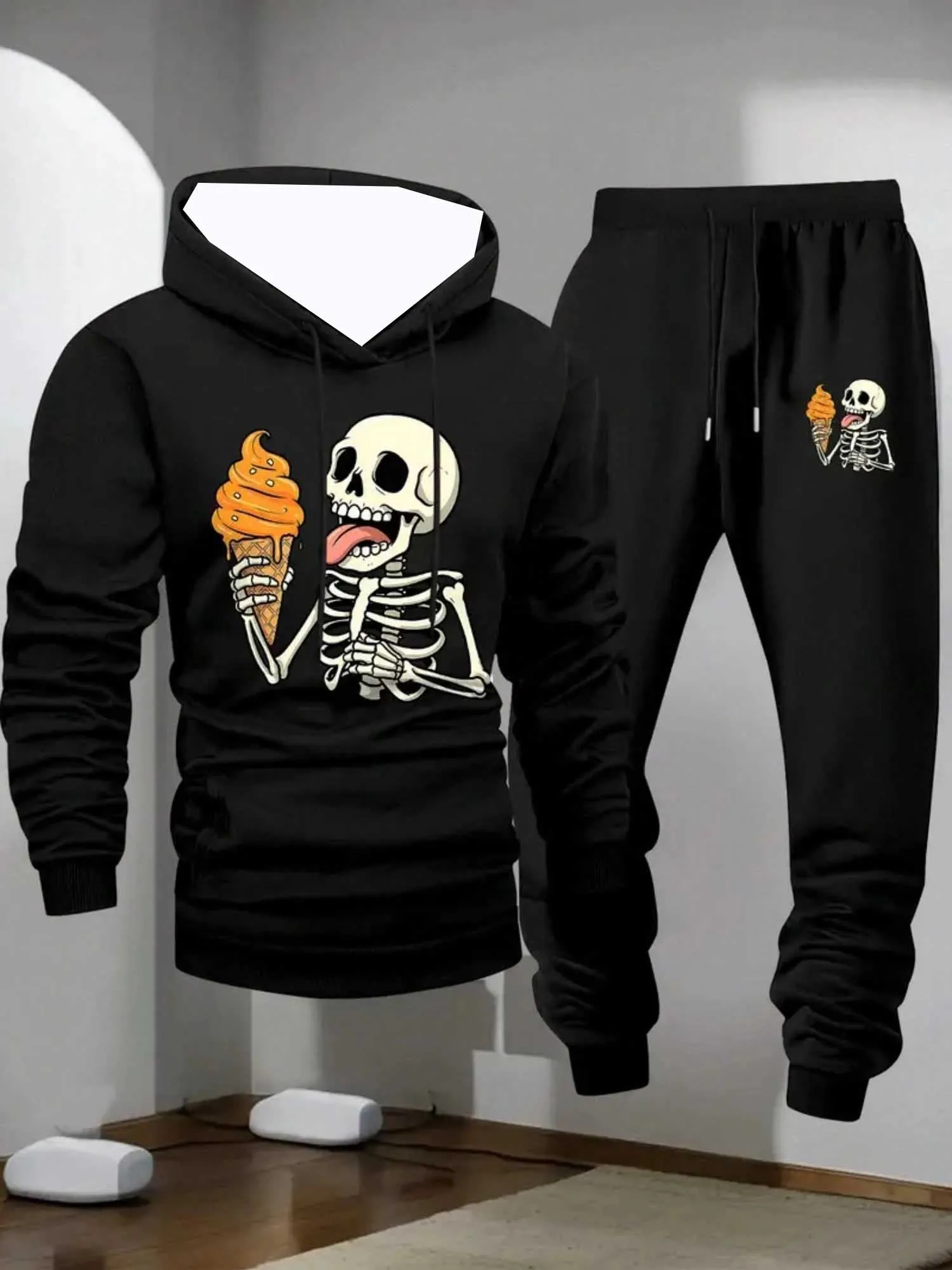 

2025-26 Autumn/Winter New Y2K Men's Set Black Hoodie Skull 3D Printed Oversized Sports Set Fashion Casual Two Piece Set