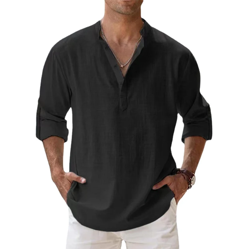 New Men's Cotton Shirts Linen Casual Long Sleeve Button Down Shirt Band Collar Loose Tops M-5XL