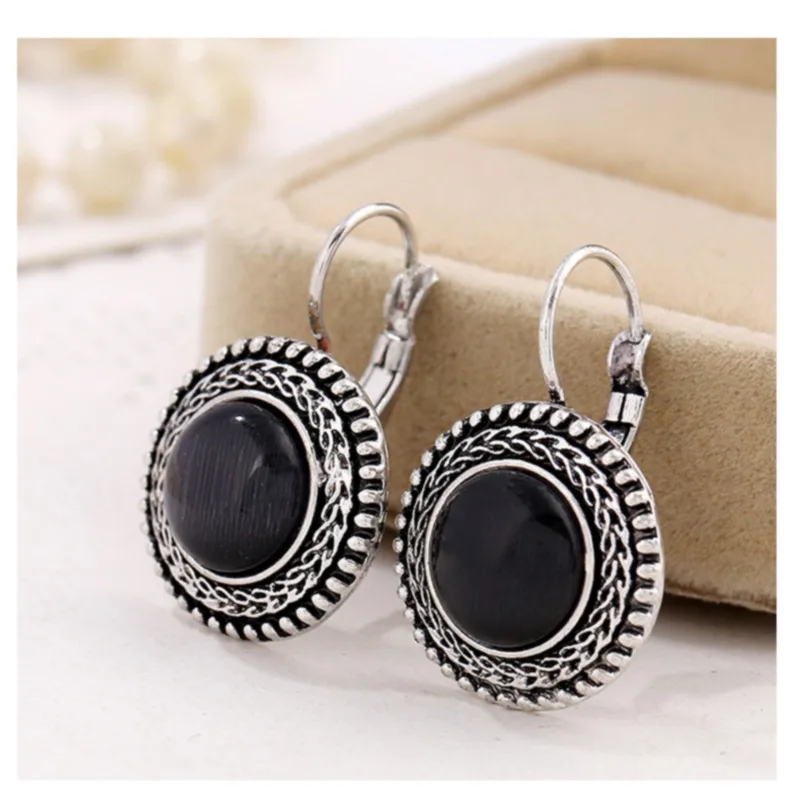 

Bohemian Big Drop Earrings For Women Vintage Tibetan Dangle Earring Blue Black Stone Round Earings Garment Accessories