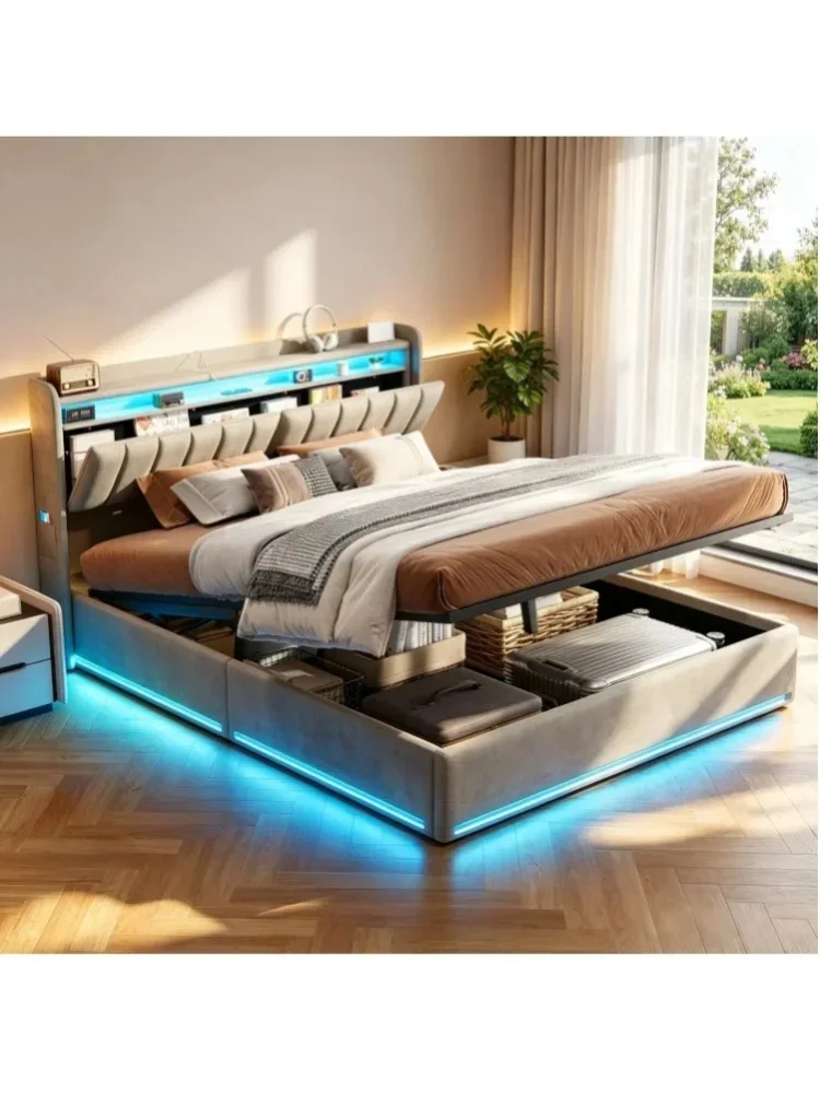 Fangange Bettgestell mit integriertem Stauraum, doppeltes Bett mit Samtbezug und RGB-LED-Beleuchtung, Kopfteil mit Stauraum und USB- sowie USB-C-Ladeanschlüssen, hydraulischer Stauraum unter dem Bett.