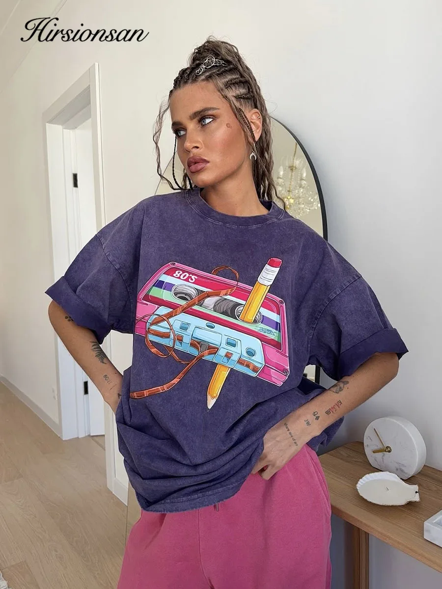 Hirsionsan Acid Washed Vintage T Shirt Streetwear Hip Hop 2026 Harajuku Print T Shirt Women Casual Cotton Short Sleeve Tops Y2k