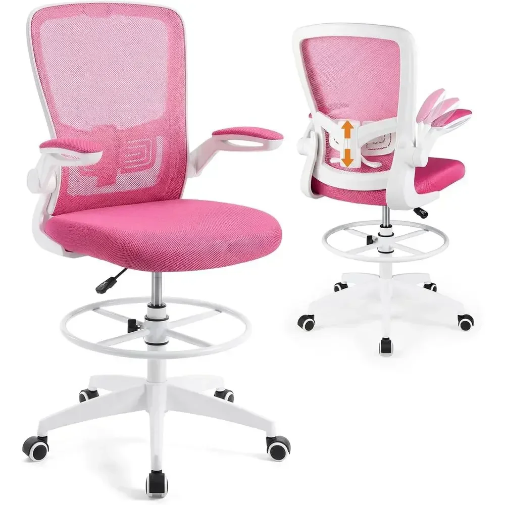 Ergonomic High Back Mesh Office Chair with Adjustable Armrests and Foot Ring, Pink