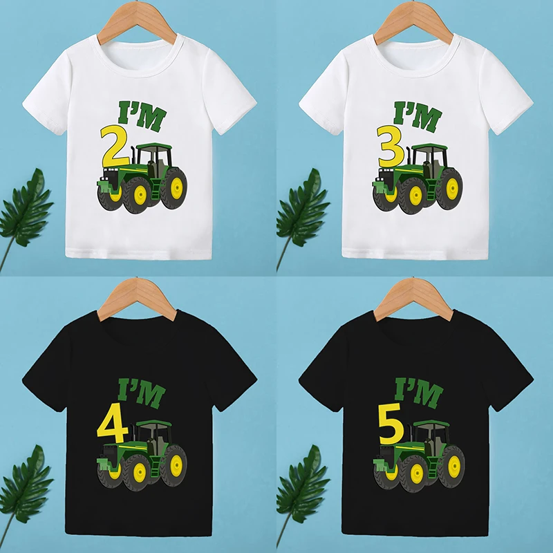 Farm Tractor Car Print Happy Birthday Cartoon Kids T Shirt 1 2 3 4 5 6 7 8 9 Years Girls Clothes Baby Boys Short Sleeve T-Shirts