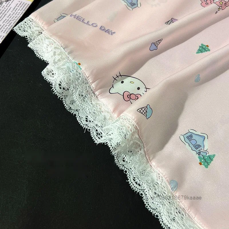 Sanrio Hello Kitty Summer New Ice Silk Strap Skirt Sexy Sweet Cute Y2k Girl Chest Mat Nightdress Kawaii Harajuku Trend Nightgown