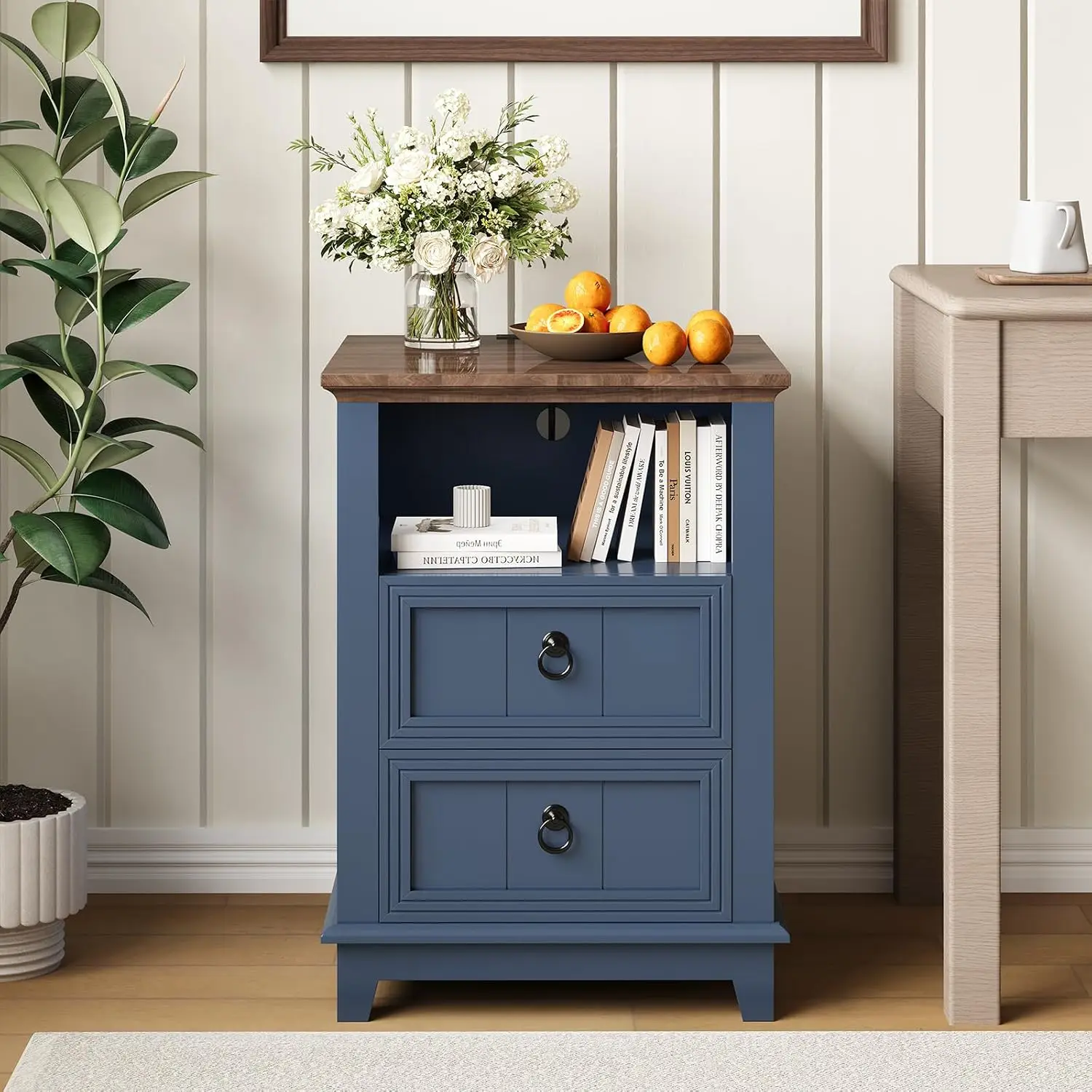 Nightstand with Charging Station, Blue Wooden End Table Modern Farmhouse Bed Side Table with 2 Drawers and Open Shelf for Bedroom Living Room