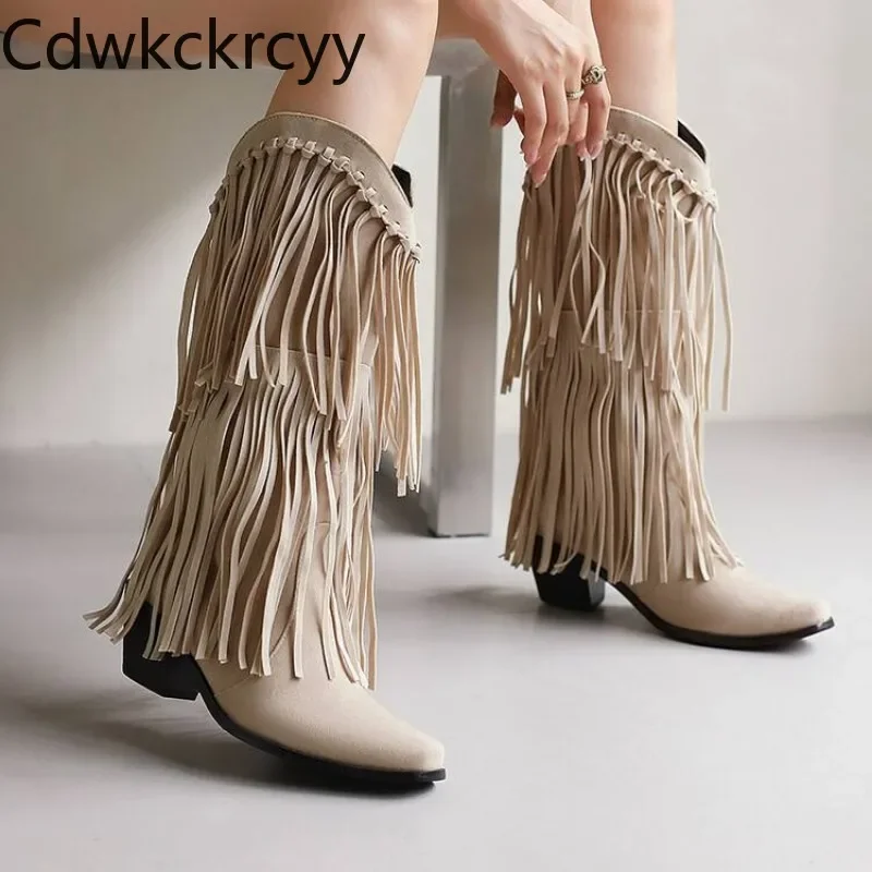 Otoño e Invierno, nuevo estilo, botas de tacón alto a la moda para mujer, color sólido, punta afilada, borlas, tacón cuadrado, botas Chelsea para mujer