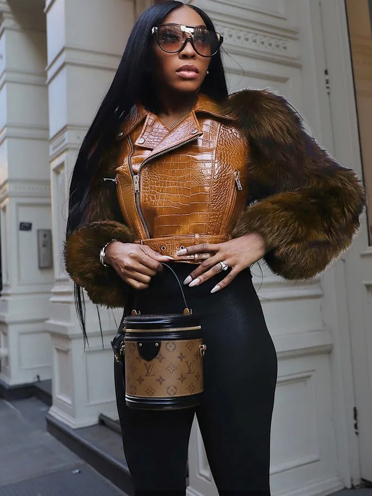 MCDV 겨울 모피 패치워크 가죽 자켓 여성용 패션 라펠 지퍼 벨트 모터사이클 PU 자켓 여성용 하이 스트리트웨어 아우터