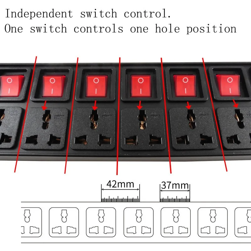 Cabinet socket  2U PDU Power Strip Aluminium alloy Independent switch 10A Universal Socket Distribution unit 2m Extension wire