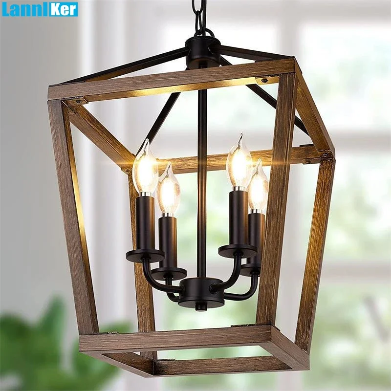 

American Vintage Bird Cage Candle Chandelier Retro Industrial Black Wood Color Hanging Lamp for Bedroom Dining Room Kitchen Shop