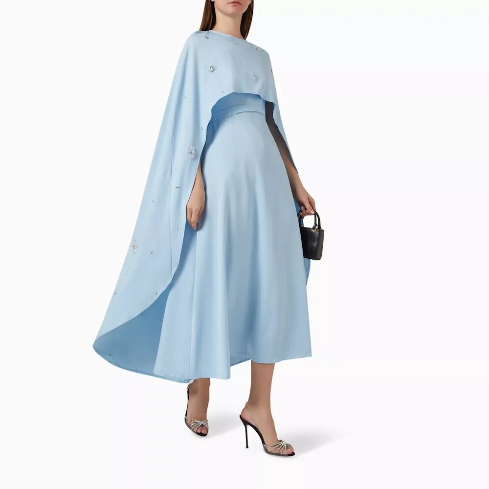 

Muloong Blue O Neck A Line Maxi Dress Asymmetrical Smock Ankle Length Classic Evening Dress Crystal Saudi Aribia Prom Gown