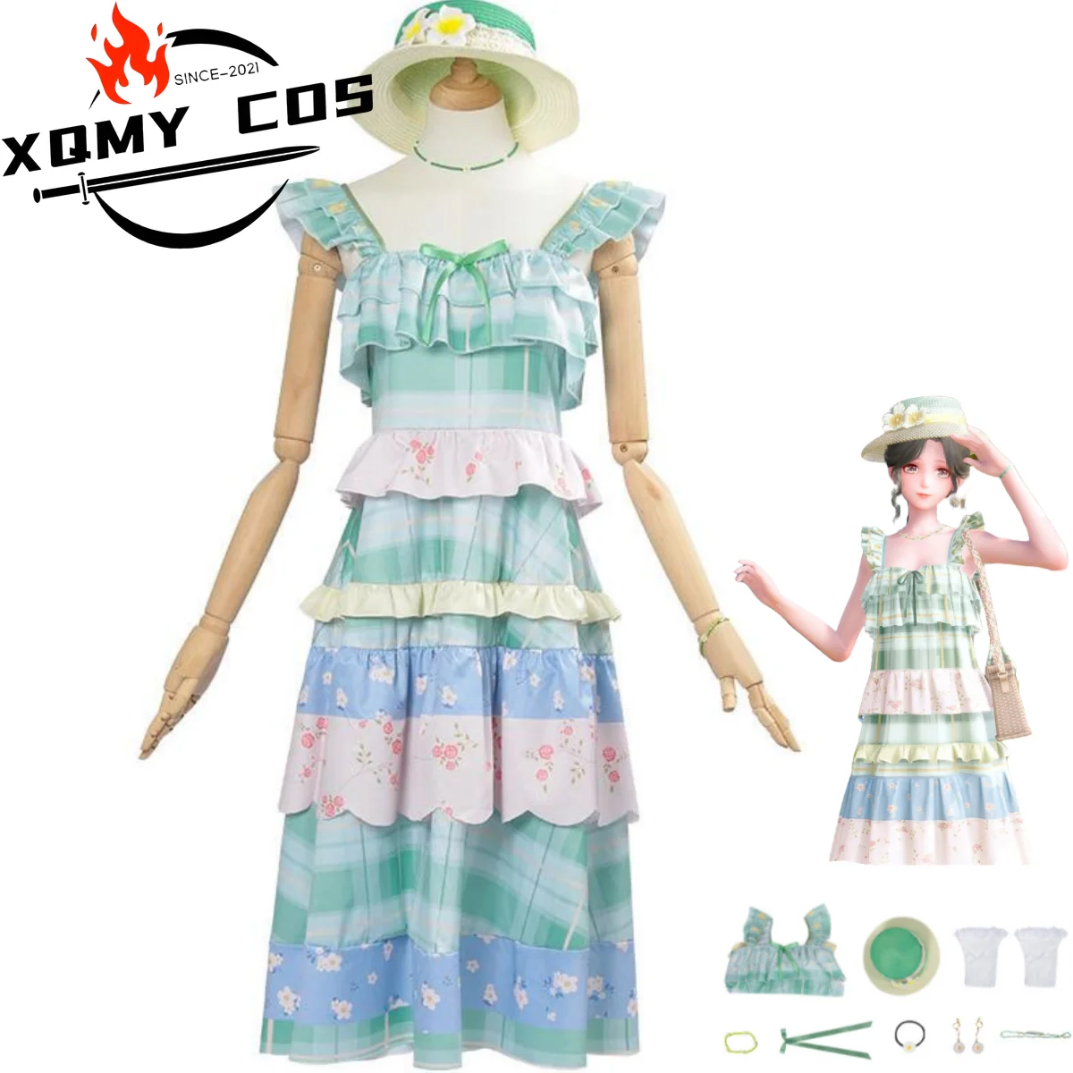 

XqGame Infinity Nikki Косплей Костюм Аниме Сад Юбка с цветочным принтом Вечернее платье принцессы Соломенная шляпа Женская сексуальная повседневная юбка для отдыха Su