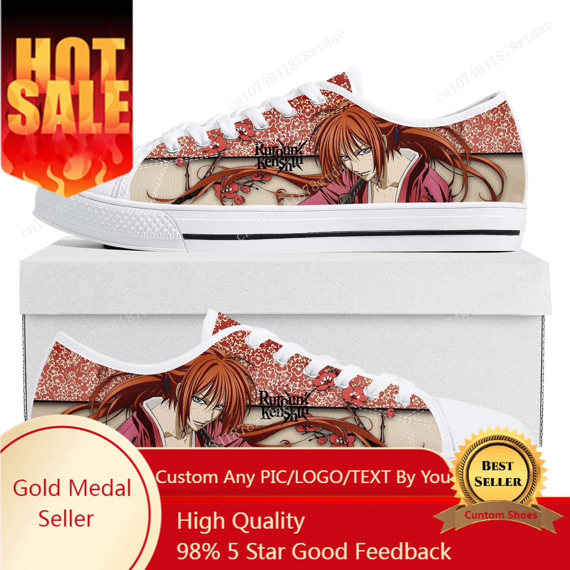 Tênis Low Top Canvas para Casais, Sapatos Personalizados Manga em Quadrinhos, Rurouni Kenshin Himura, Sapatos Adolescentes para Homens e Mulheres, Alta Qualidade