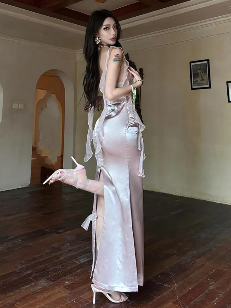 RORORIRI fluide à volants point Satin robe Camisole femmes désir diamant col en v plissé fendu moulante longue robe Sexy robe de soirée