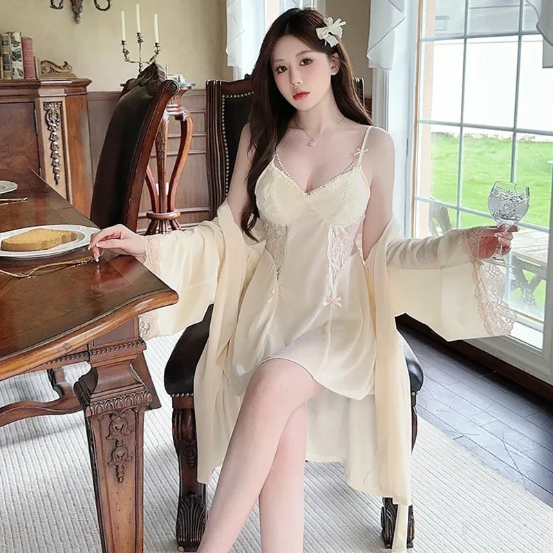 Twinset Robe Set Women Velour Lace Bathrobe Nightgown Suit Autumn Winter Velvet Sleepwear Nightwear Kimono Gown Loungewear