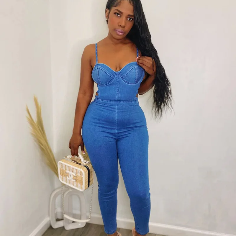 

Solid Cut Out Bodycon Denim Jumpsuit Women Spaghetti Strap Sleeveless Backless Patchwork Rompers One Piece Overalls Club Outfits