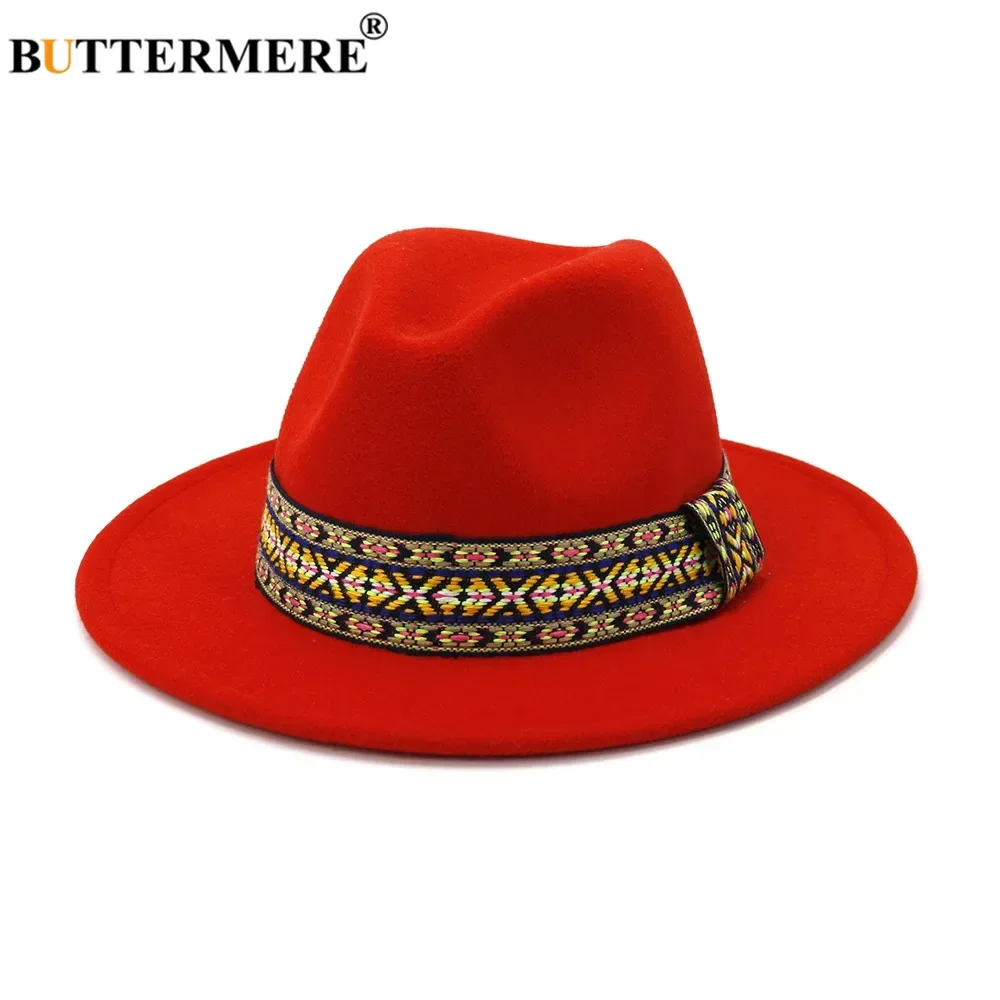 

BUTTERMERE New Design Men Fedora Khaki Spring Autumn Hat Women Wide Brim Felt Hat Fashion Fedora Orange Jazz Trilby 58 cm