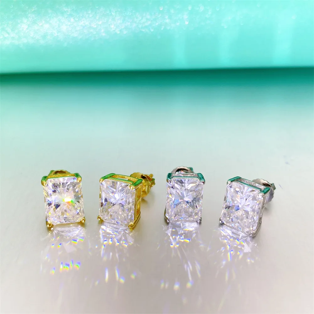 

S925 Silver Radiant Cut Moissanite Earrings, Unisex Hip Hop Studs Jewelry Gift for Men & Women