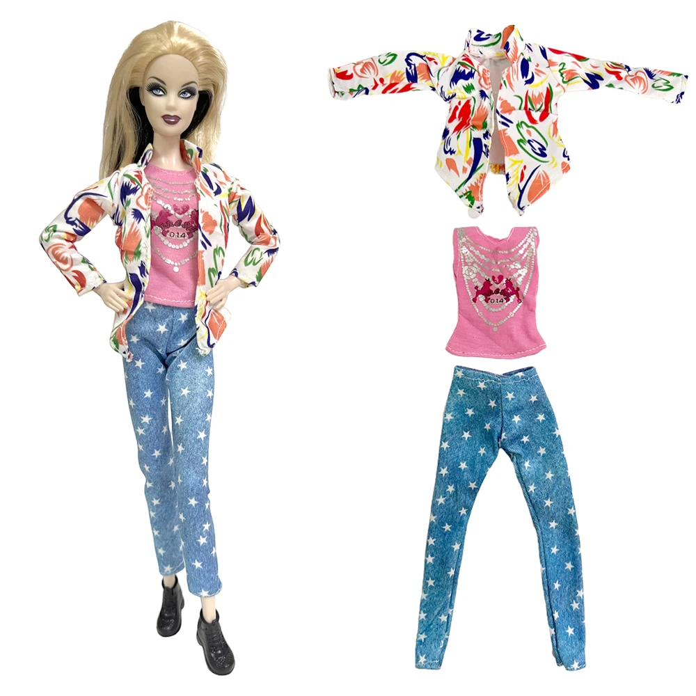 NK 3 Items/Set  1/6  Doll Casual  Clothes Fashion Jacket +Pink T-shirt +Blue Troueseres for Barbie Doll Accessories Toys