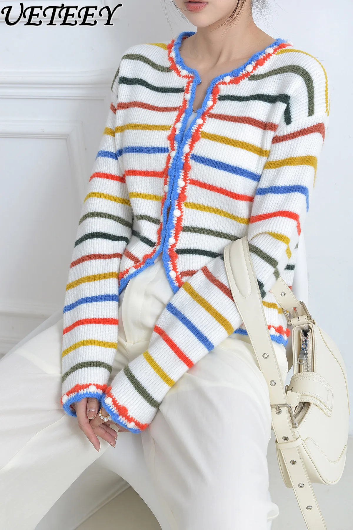 

2025 Autumn Winter New Chic Colorful Striped Sweater Knitted Top for Women Loose Slimming Long Sleeve Cardigan Sweater for Women