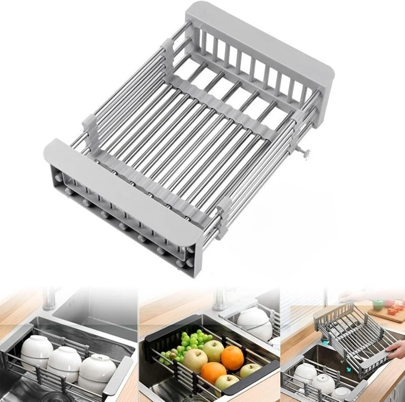 

Kitchen Sink Drain Basket Stainless Steel Retractable Strainer Adjustable Telescopic Storage Rack Over The Sink Dish Drying Rack