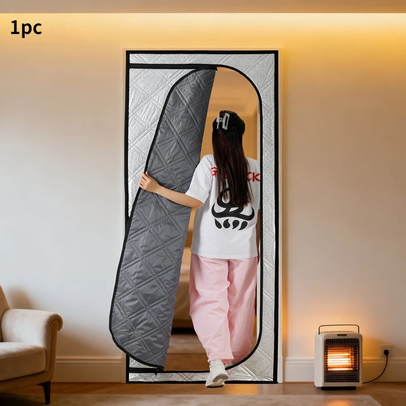 Model D Zipper Oxford Cotton Door Curtain with Aluminum Film Liner, Nail-Free Windproof Warm Insulated Partition Curtain