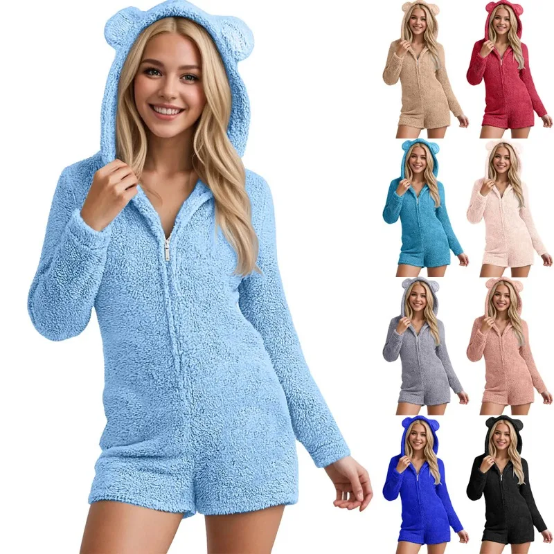 Women Pajama Onesies Adult Pijamas Cute Cat Ear Plush Jumpsuits One-Piece Fleece Rompers Sleepwear Pyjamas