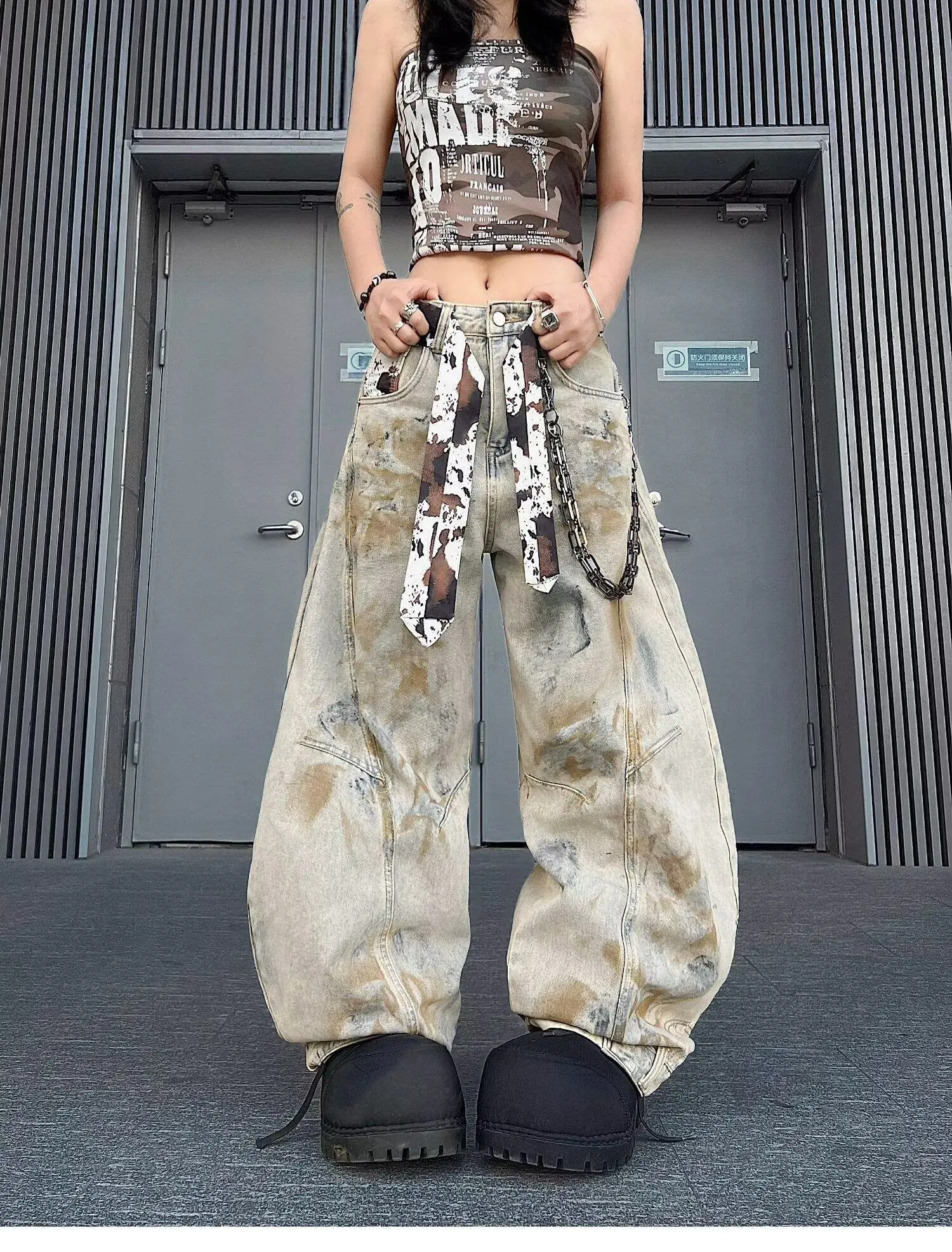 Unisex Dirty Wash Baggy Jeans Retro Dyed High Rise Pleats Wide Leg Barrel Pants Women Boyfriend Streetwear