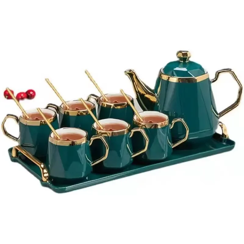 Nordic Style 250ml Ceramic Coffee Cup With Kettle Set Glass Serving Tray Waterproof Home Living Room Tea Drinking Ware Modern