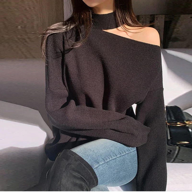 Winter Autumn Loose Irregular Casual Elegant Hollow Out Turtleneck Sweaters Tops Halter Bare Shoulders Knitted Pullover Black