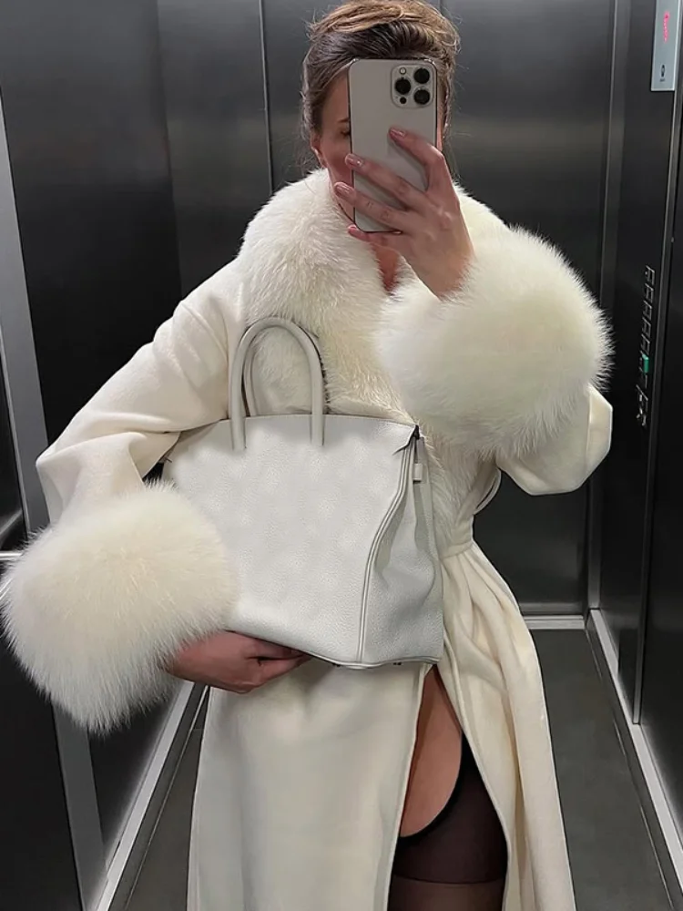 

Solid Women Faux Fur Woolen Long Overcoat Patchwork V-neck Full Sleeve Lace Up Loose Coat 2025 Autumn New Lady Commute Outwear