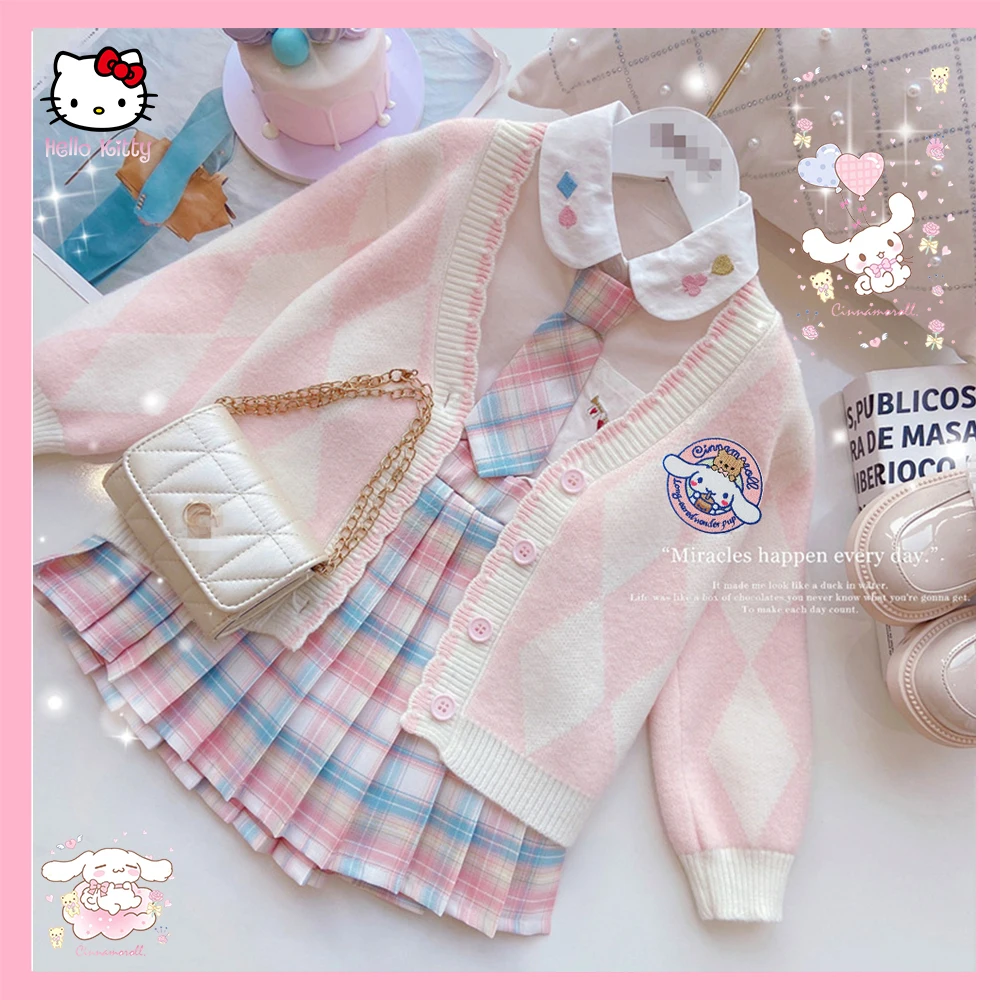 

Anime Sanrioed Cinnamoroll 3Pcs Set Girls' Clothing Jk Plaid Skirt Girl Sweater Y2K Spring Autumn College Style Foreign Style