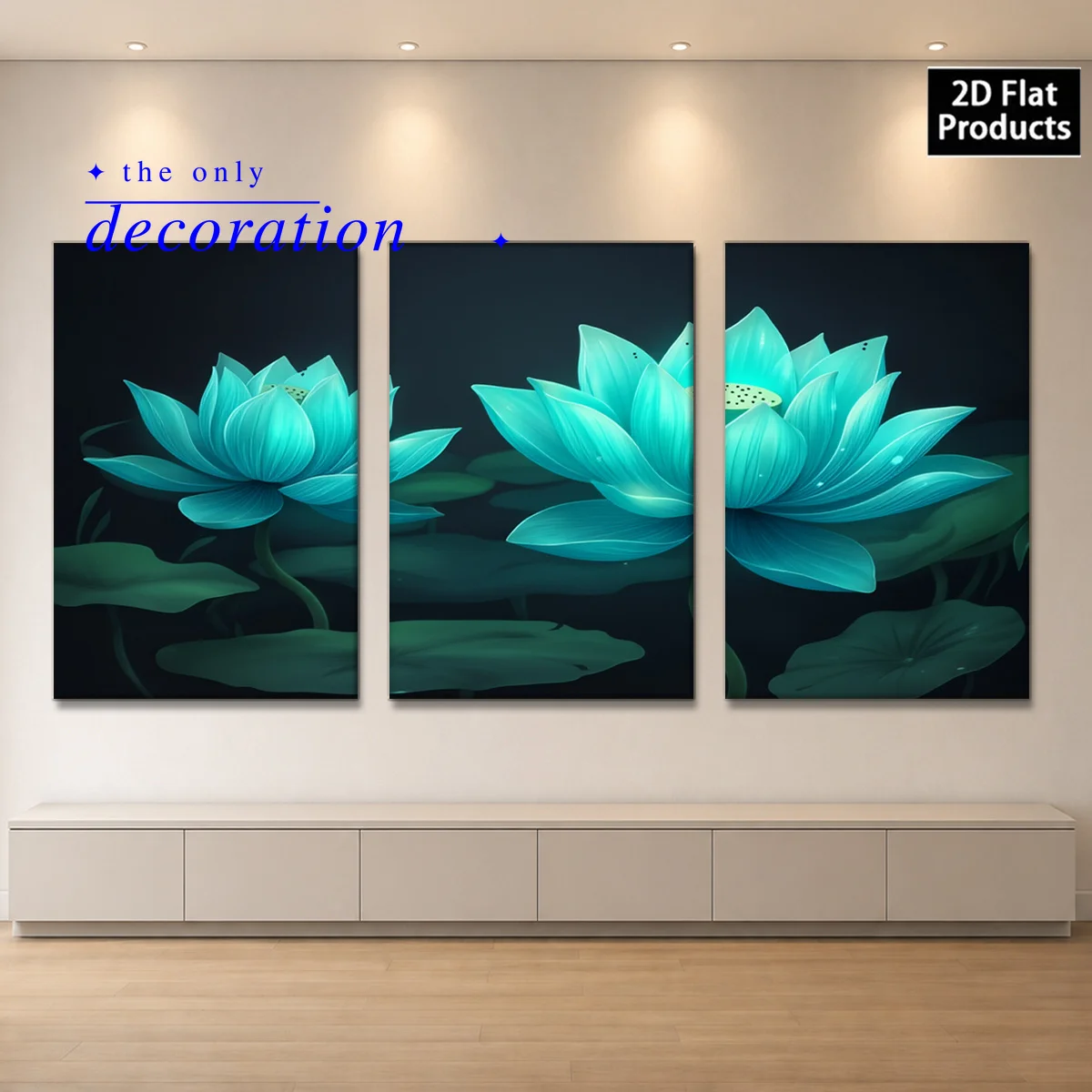 3PCS 2D Decorative painting - Canvas painting - Three panels with blue lotus flowers on dark background - cheap room decor -