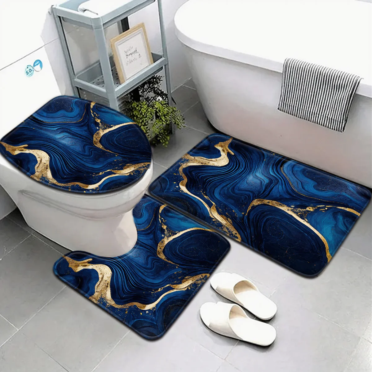 

3 шт., набор ковриков для ванной комнаты с синим мраморным узором, чехол на сиденье унитаза, U-образная подставка для ног
