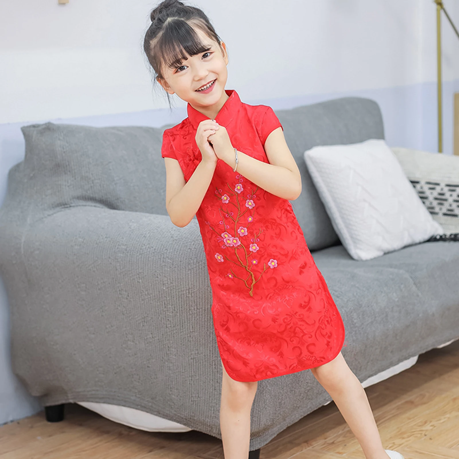 New Year Kids Cheongsam Plum  Embroidery Princess Dress for Kids Girls Daily Casual