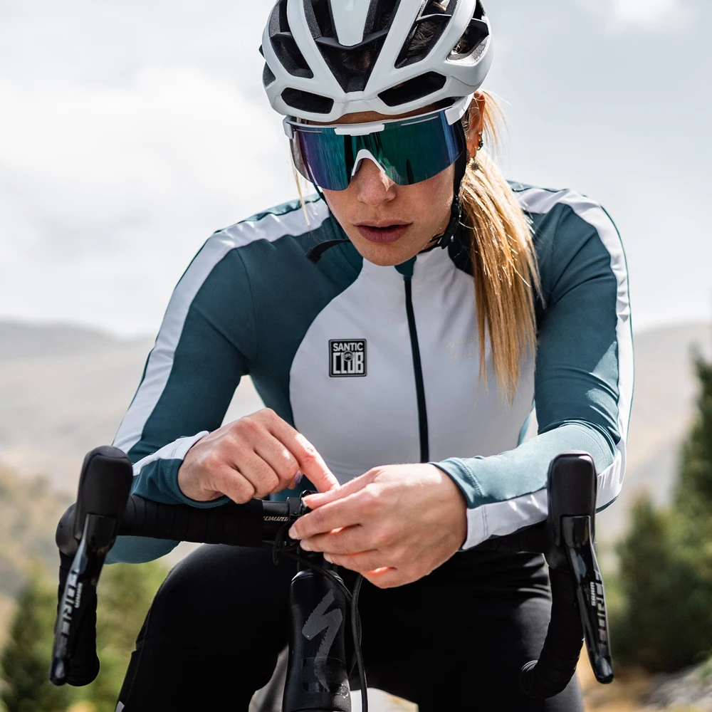 Santic Women's Cycling Jersey Fleece-lined Autumn Winter Thermal MTB Riding Clothing Long Sleeved Full Zipper Bicycle Jackets