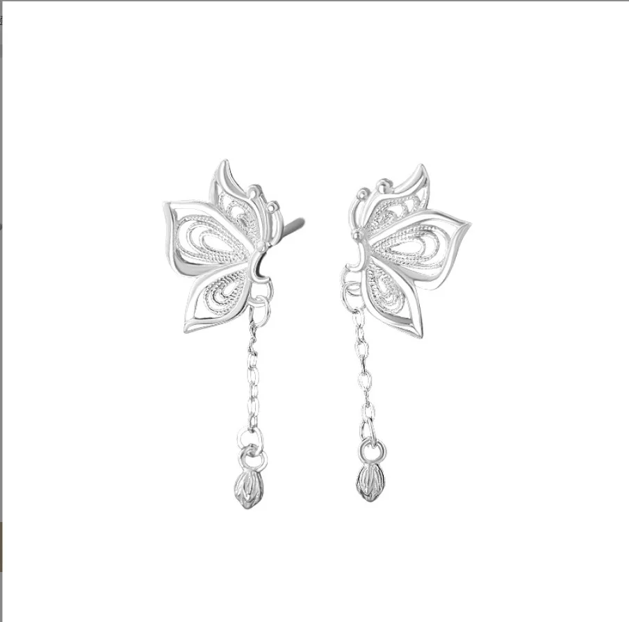 

S999 Pure Silver Butterfly Tassel Earrings, Women's Light Luxury and High-end Style, Fresh and Delicate Stud Earrings